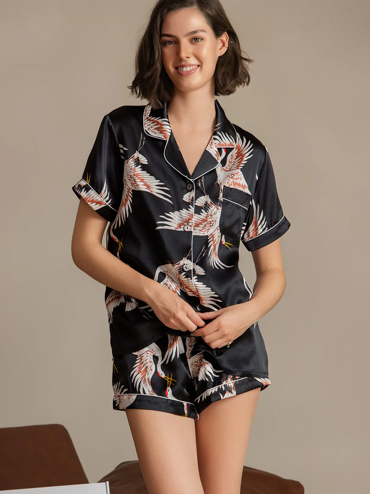 19Momme Women's Pure Silk Crane Print Short Sleeve Notch Collar Pyjamas Set - Image 44